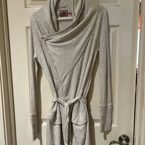 Juicy Couture long knit cardigan/jacket with hood Light gray women’s size Medium